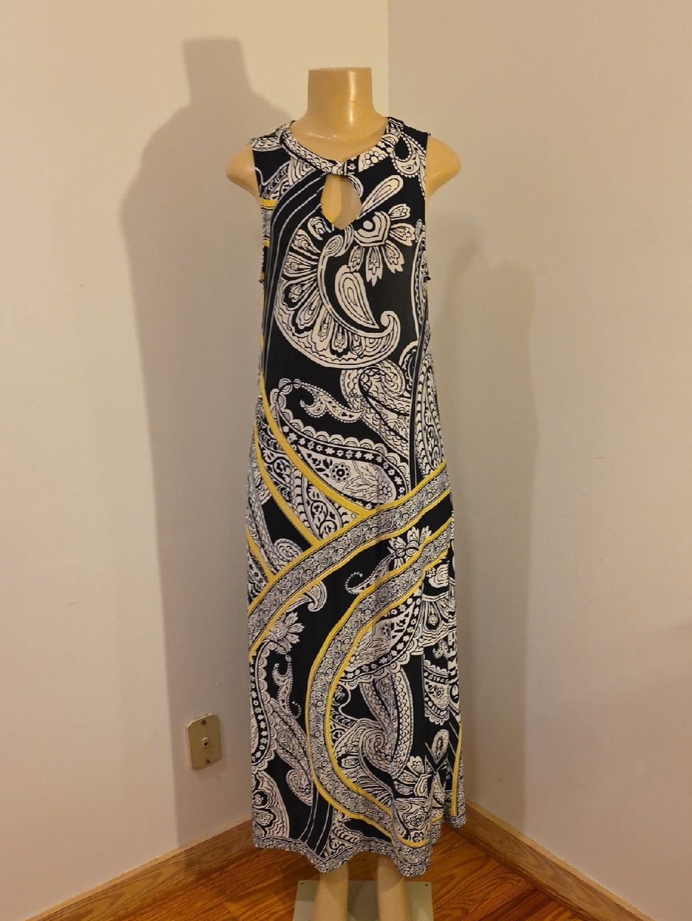 Haani Black White Paisley Maxi Dress with Yellow Trim